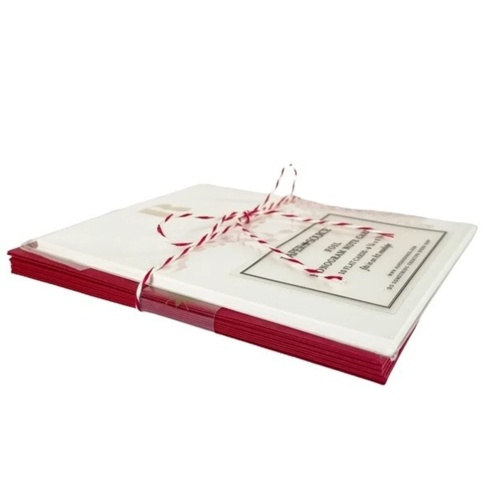 Monogram Notecard Set Gold Foil Print “R” White Card With Red Envelopes Set/10
